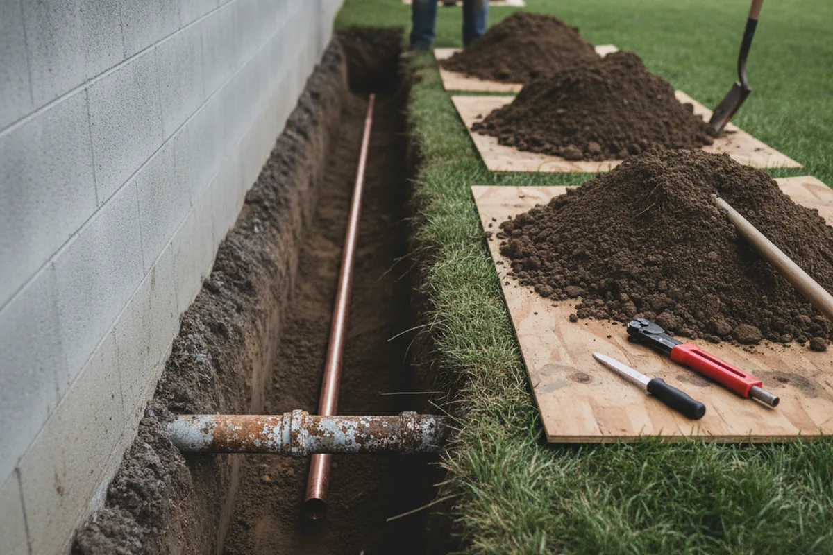 Excavated water line trench during Water Softener Installation in Richland